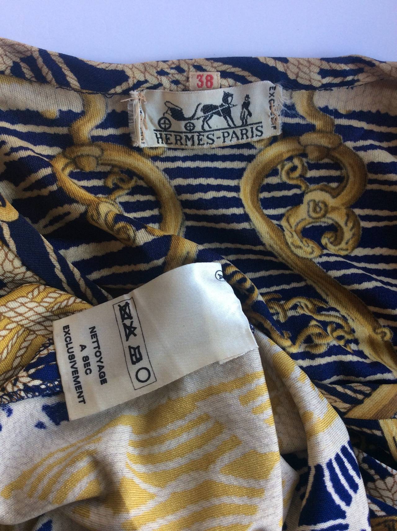 Rare 1970s Vintage Hermes Blue & Gold Silk Jersey Dress 4