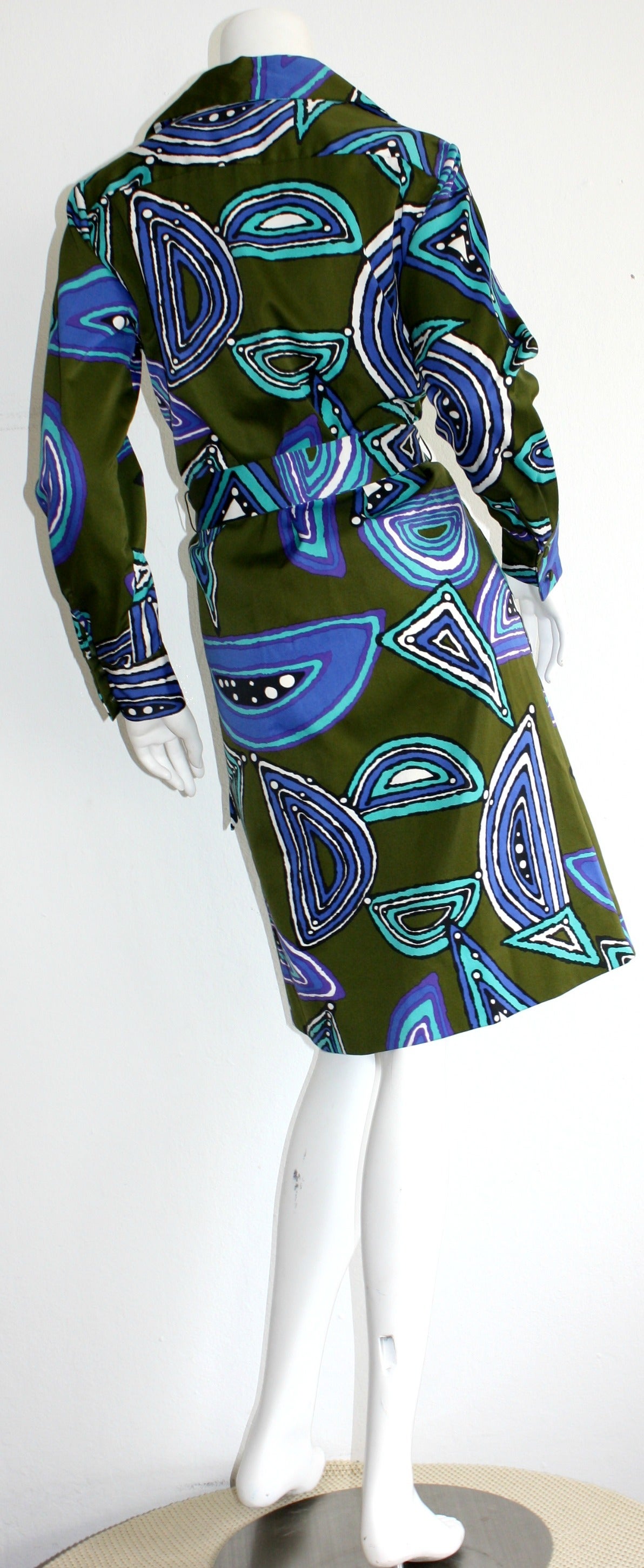 Vintage Lanvin Belted Op - Art Silk Geometric Shirt Dress In Excellent Condition In San Diego, CA
