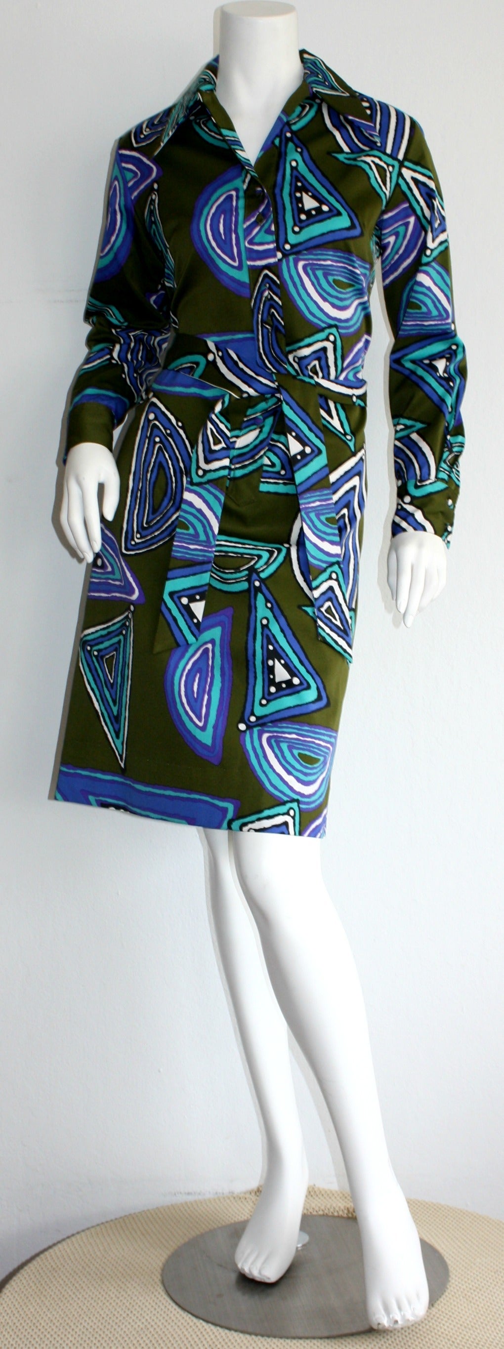 Women's Vintage Lanvin Belted Op - Art Silk Geometric Shirt Dress