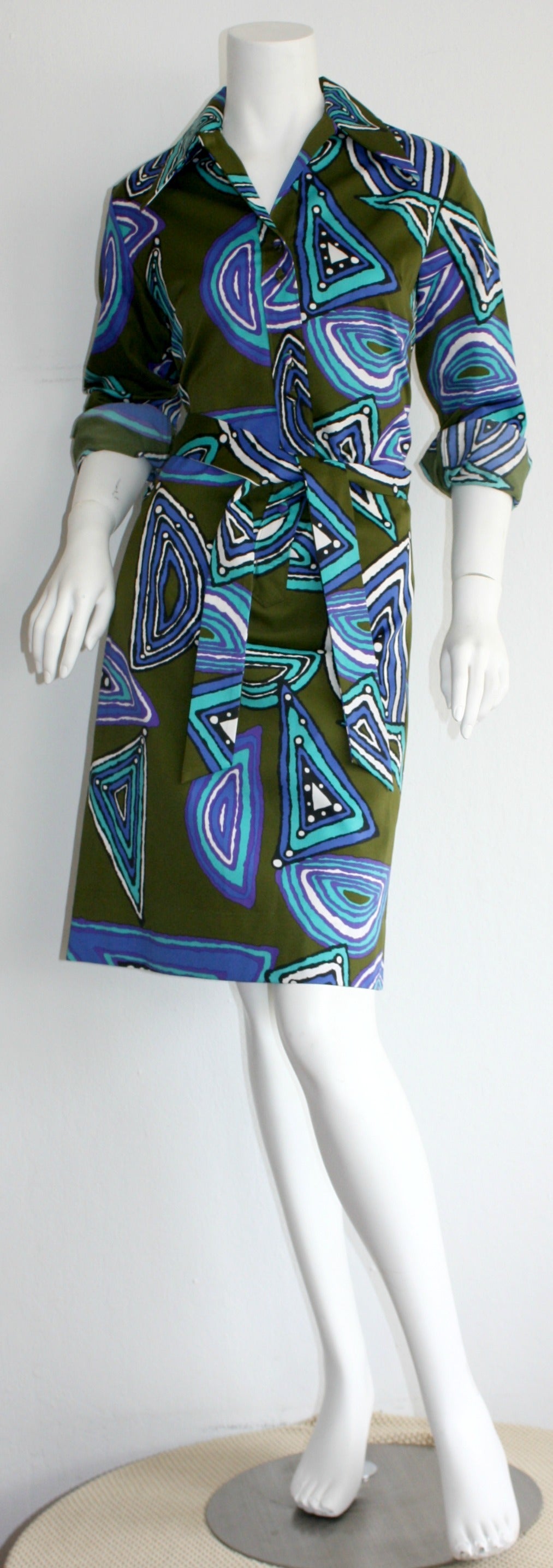 Vintage Lanvin Belted Op - Art Silk Geometric Shirt Dress 1