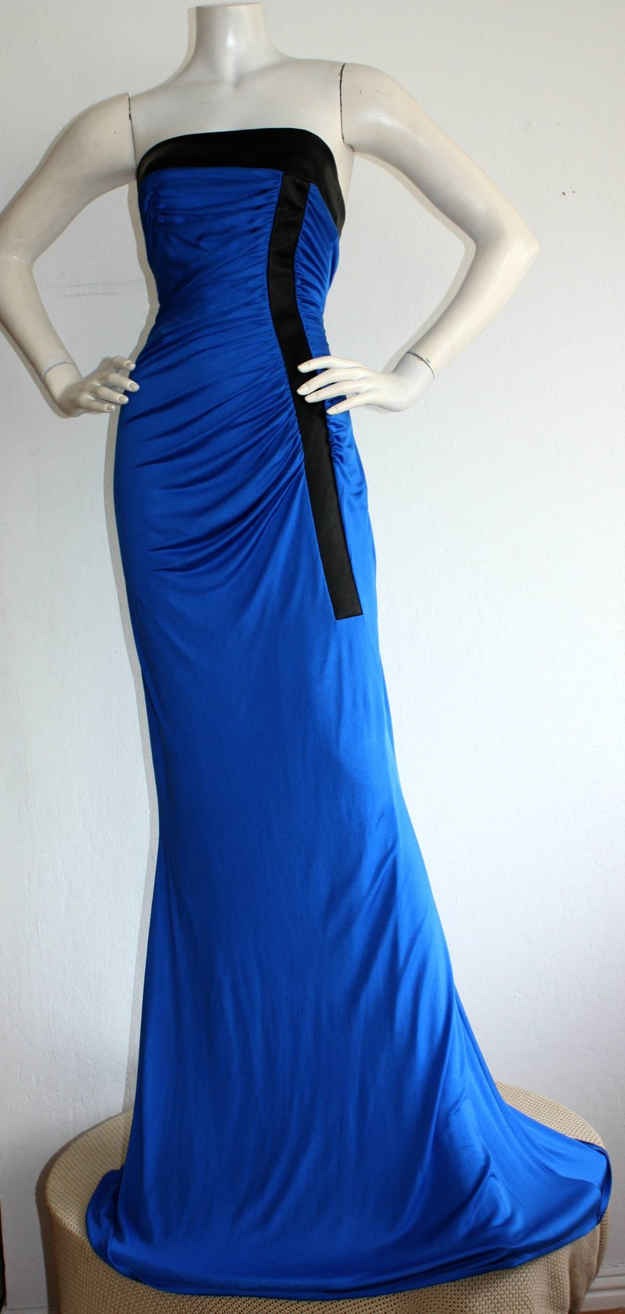 Women's Ivana Trump's Lloyd Klein Couture Blue Silk Jersey & Black Leather Grecian Gown