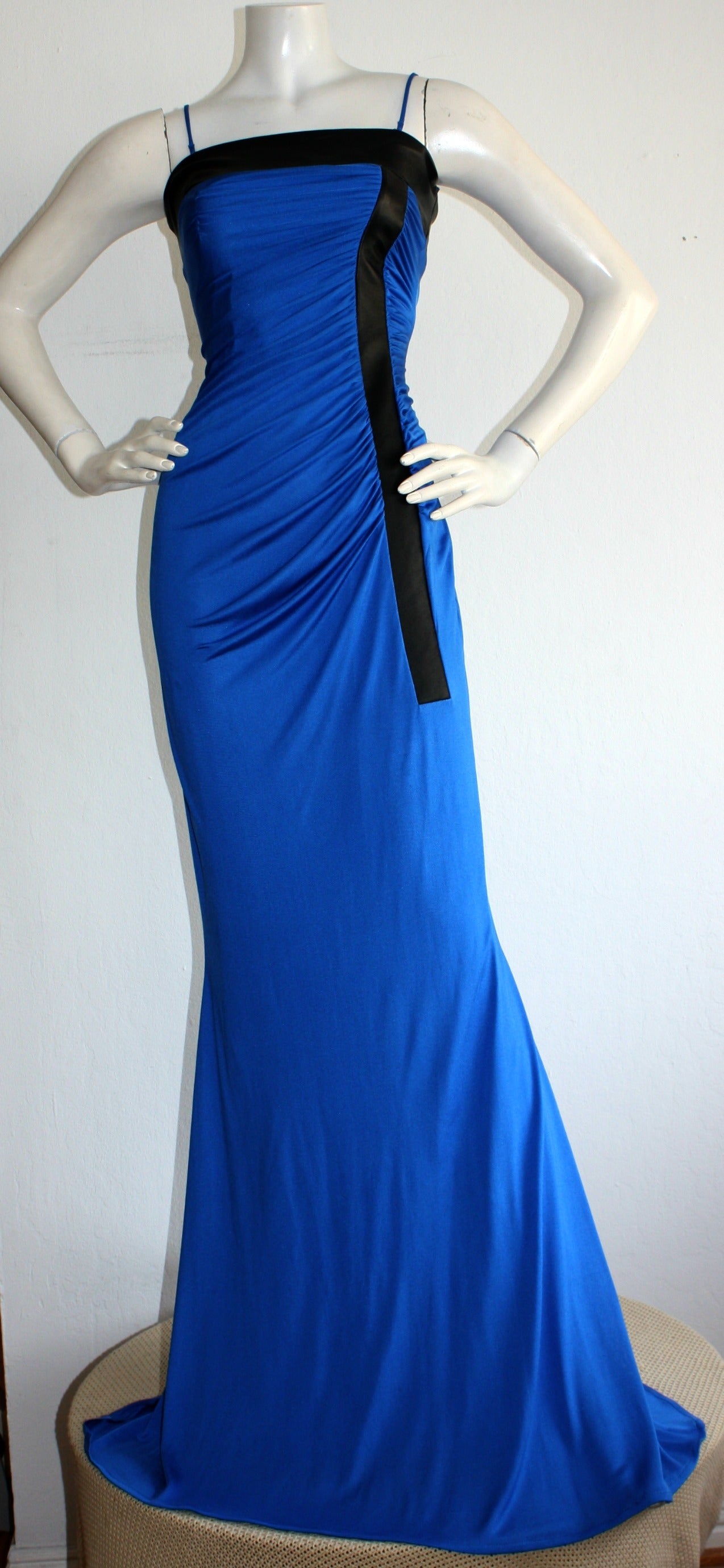 Ivana Trump's Lloyd Klein Couture Blue Silk Jersey & Black Leather Grecian Gown 1