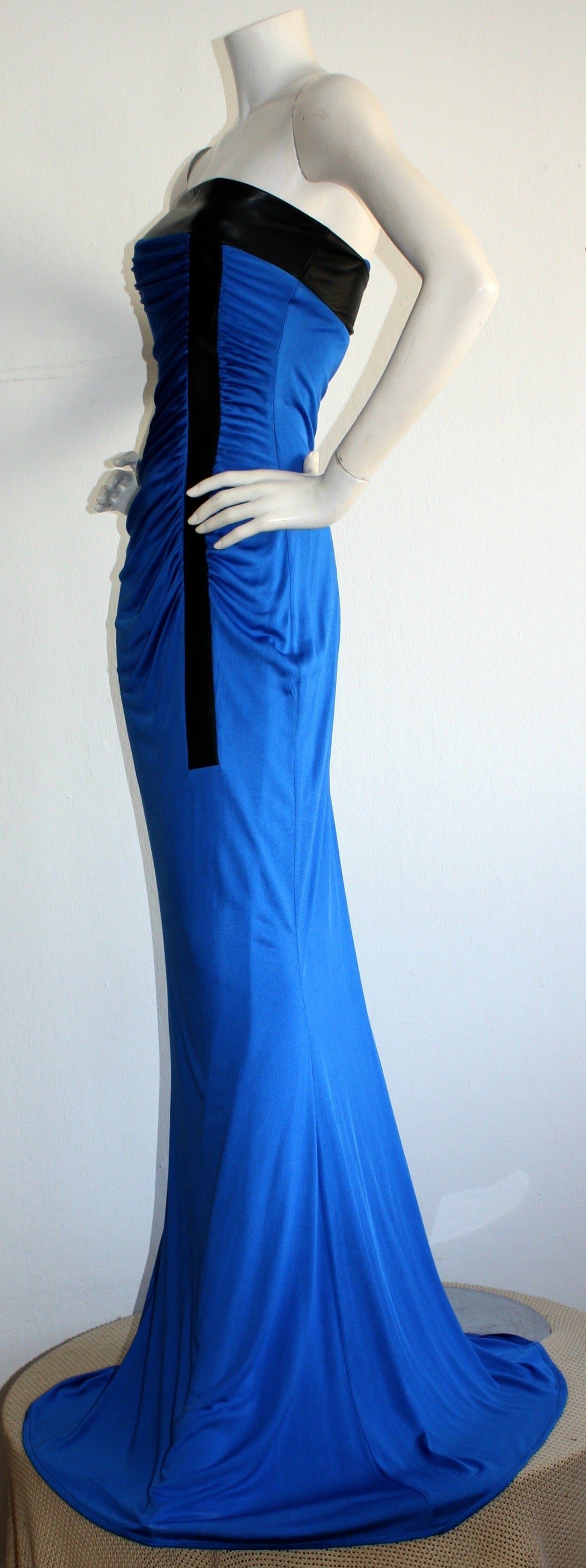 Ivana Trump's Lloyd Klein Couture Blue Silk Jersey & Black Leather Grecian Gown In Excellent Condition In San Diego, CA