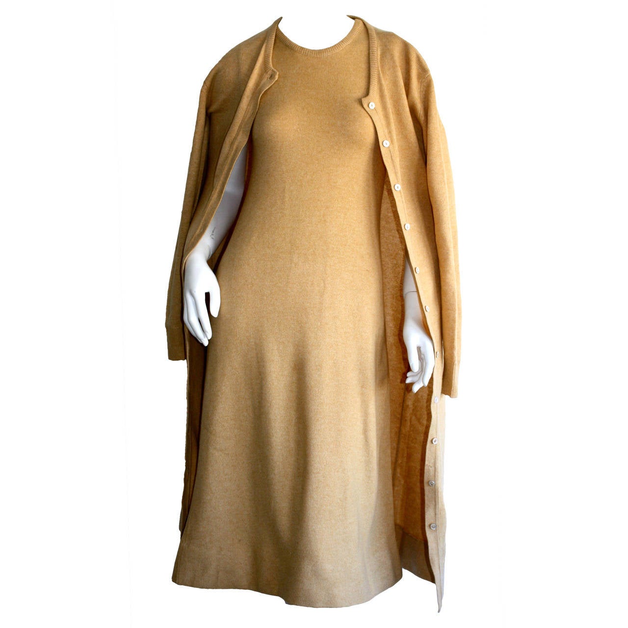 Vintage Halston Camel 2- Ply Cashmere Dress & Cardigan Ensemble