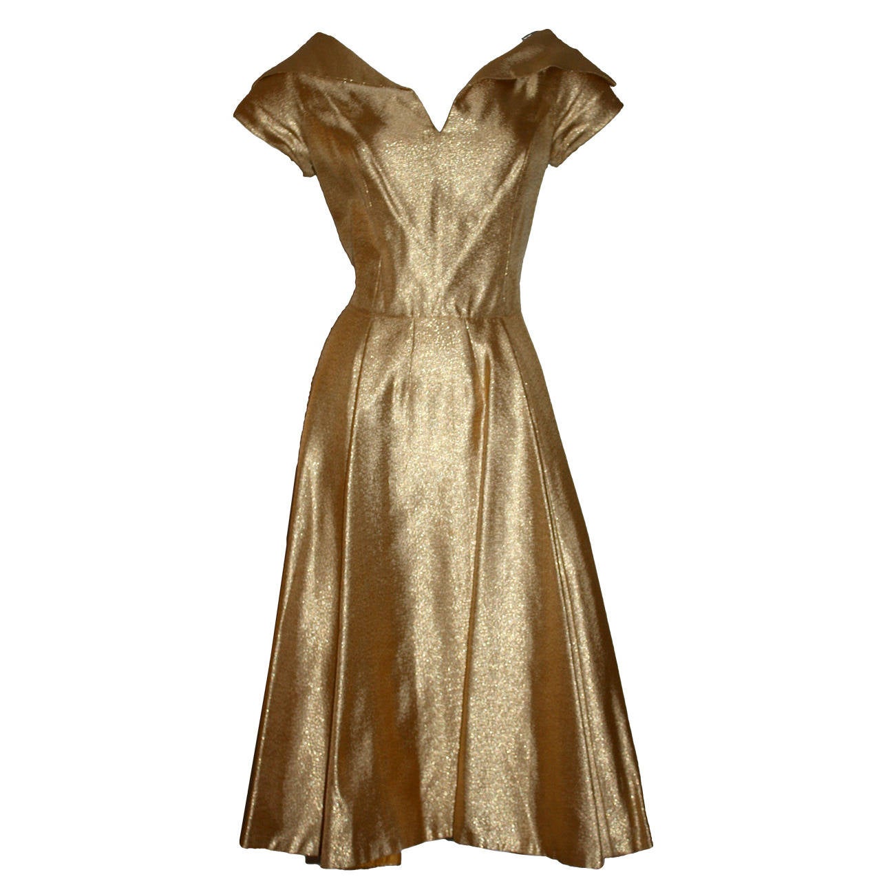 Wonderful 1950s Gold Metallic Vintage Cocktail Dress w/ Full Skirt
