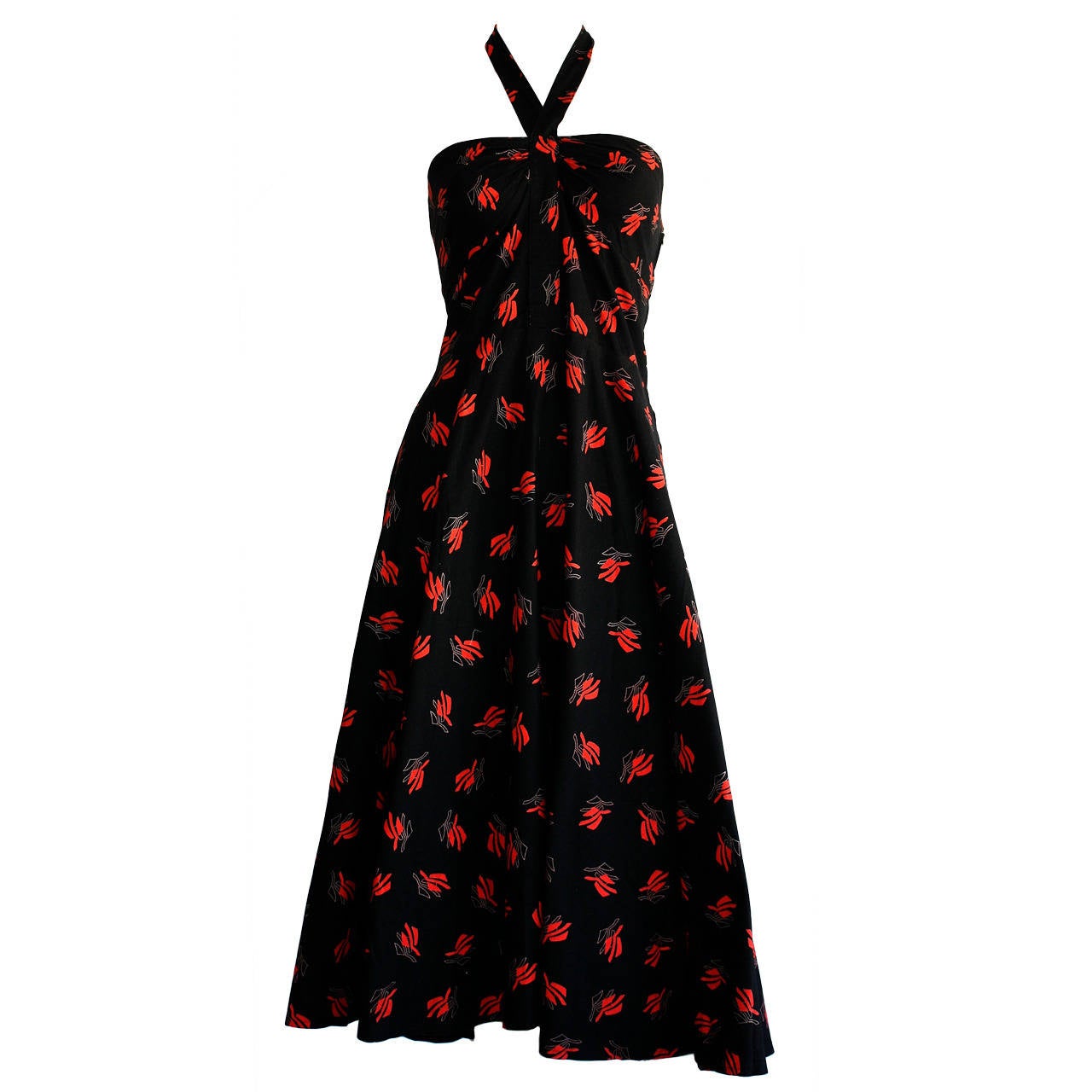 Vintage Guy Laroche Black & Red Cotton Halter Sun Dress w/ Oriental Theme