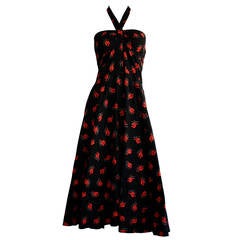 Retro Guy Laroche Black & Red Cotton Halter Sun Dress w/ Oriental Theme