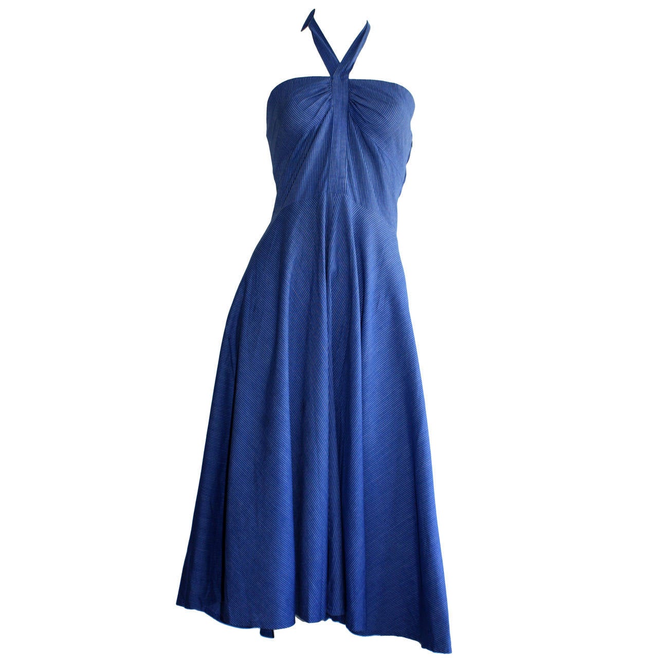 Vintage Guy Laroche Blue Striped Cotton Halter Rockabilly Sun Dress For