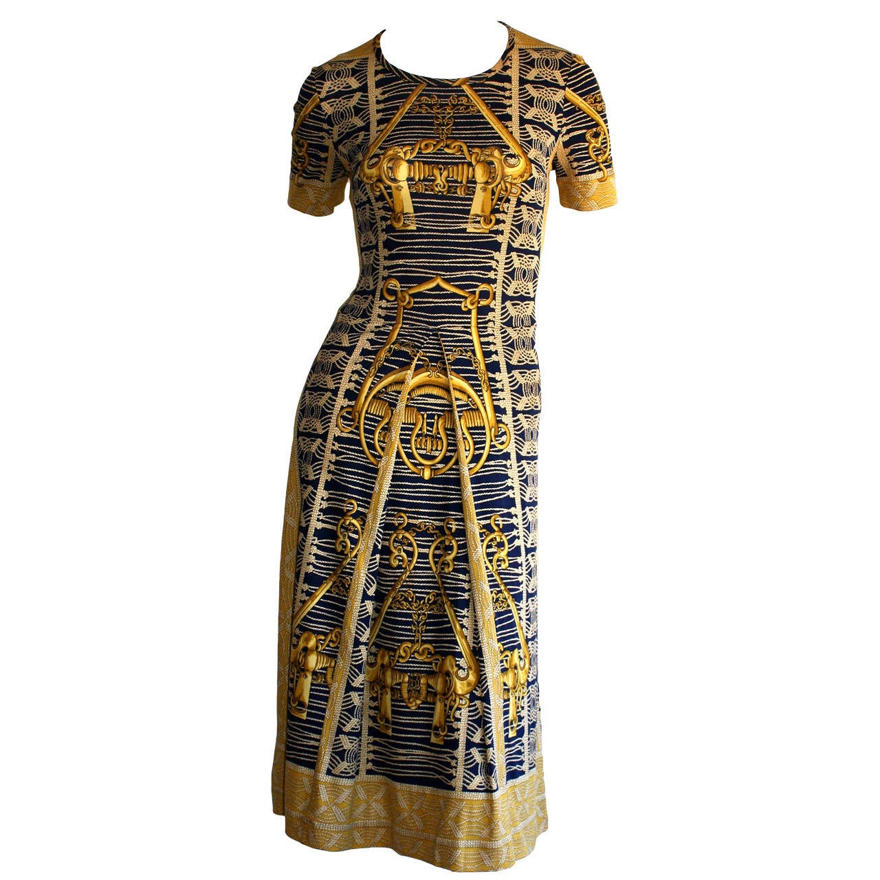Rare 1970s Vintage Hermes Blue & Gold Silk Jersey Dress