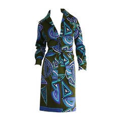 Vintage Lanvin Belted Op - Art Silk Geometric Shirt Dress