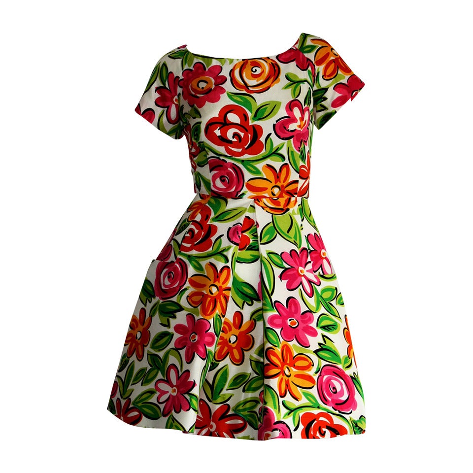 Vintage Arnold Scaasi Size 2 Silk Flower Dress w/ Pockets For Sale