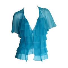 Vintage Holly's Harp Blue Silk Chiffon Tiered Ruffle Bow Blouse
