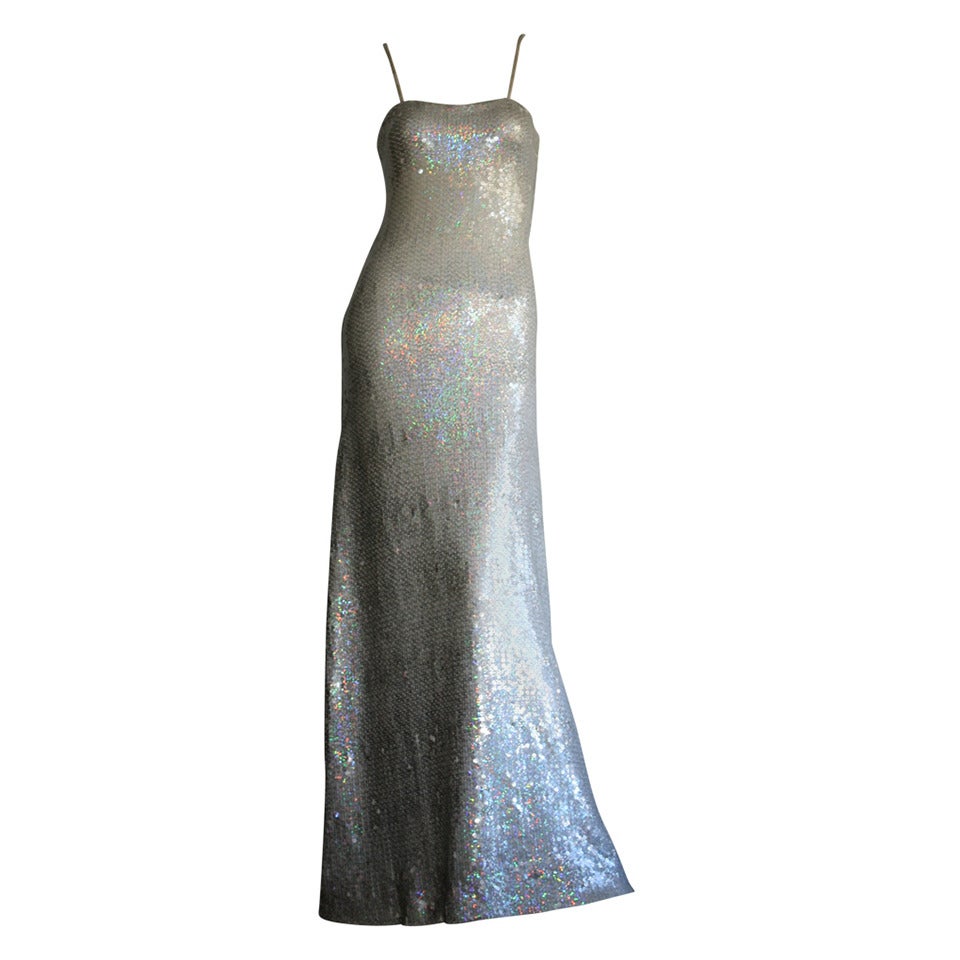 Vintage Halston 1970s Iridescent Sequin Mermaid Gown