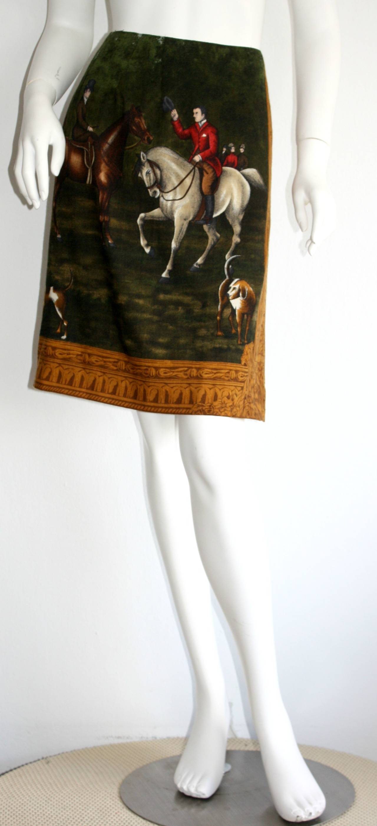 Incredible vintage Ralph Lauren 'Blue Label' wrap skirt! Features antique print of huntsmen, with dogs--Such a great print! Impressive amount of detail on print, and in construction. Features three interior hooks. 80% wool, 20% nylon. Fully lined.