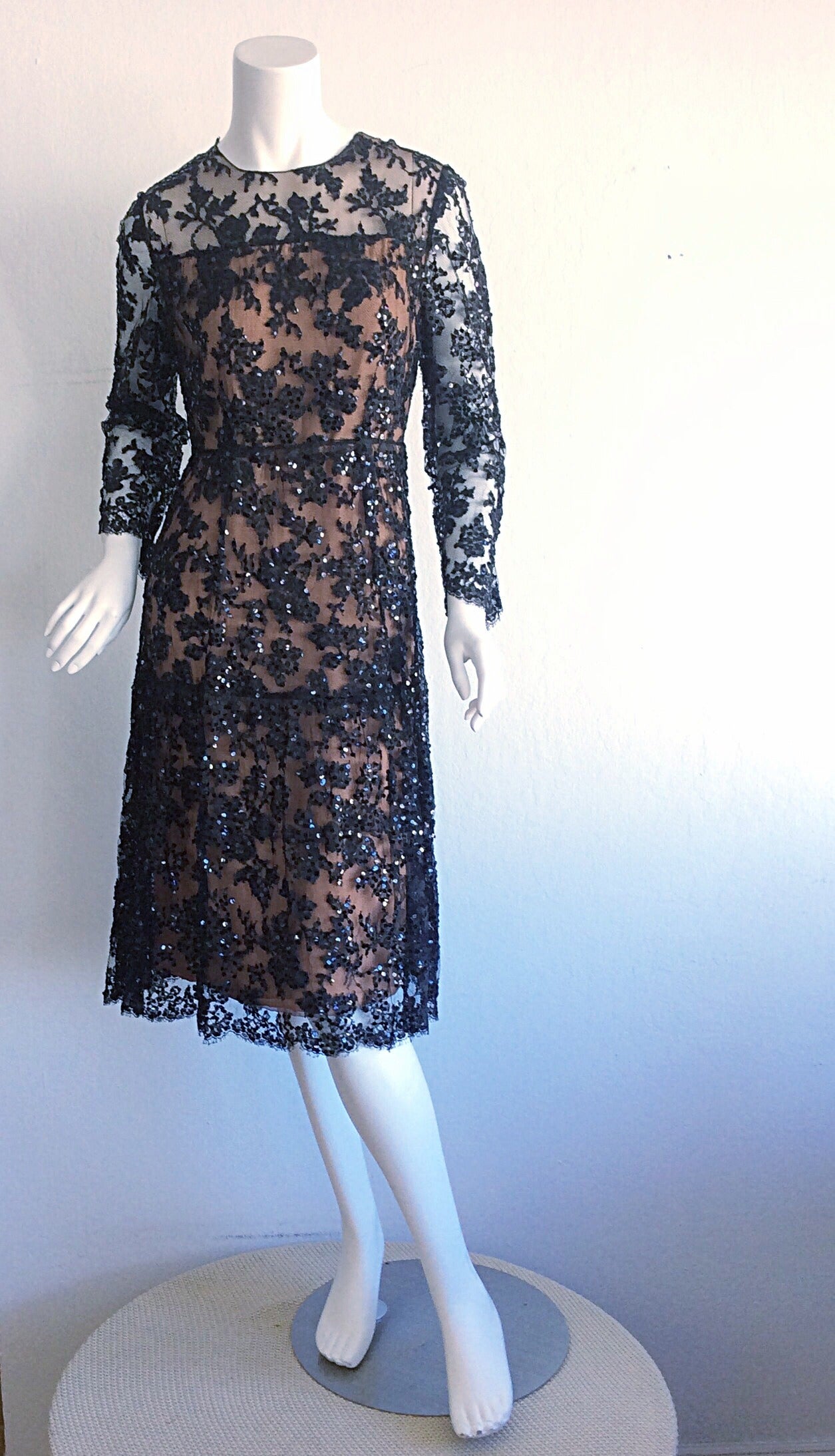 Exceptional 1960s 60s Black French Lace Nude Illusion