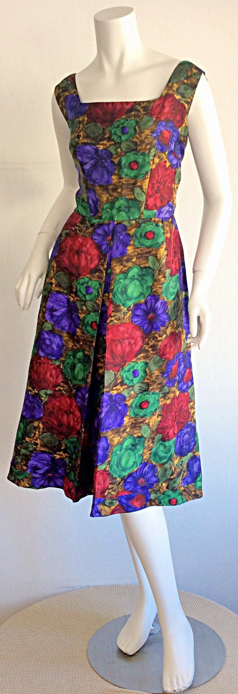 Stunning 1950s Adele Ross Silk Floral Watercolor Belted Dress For Sale ...