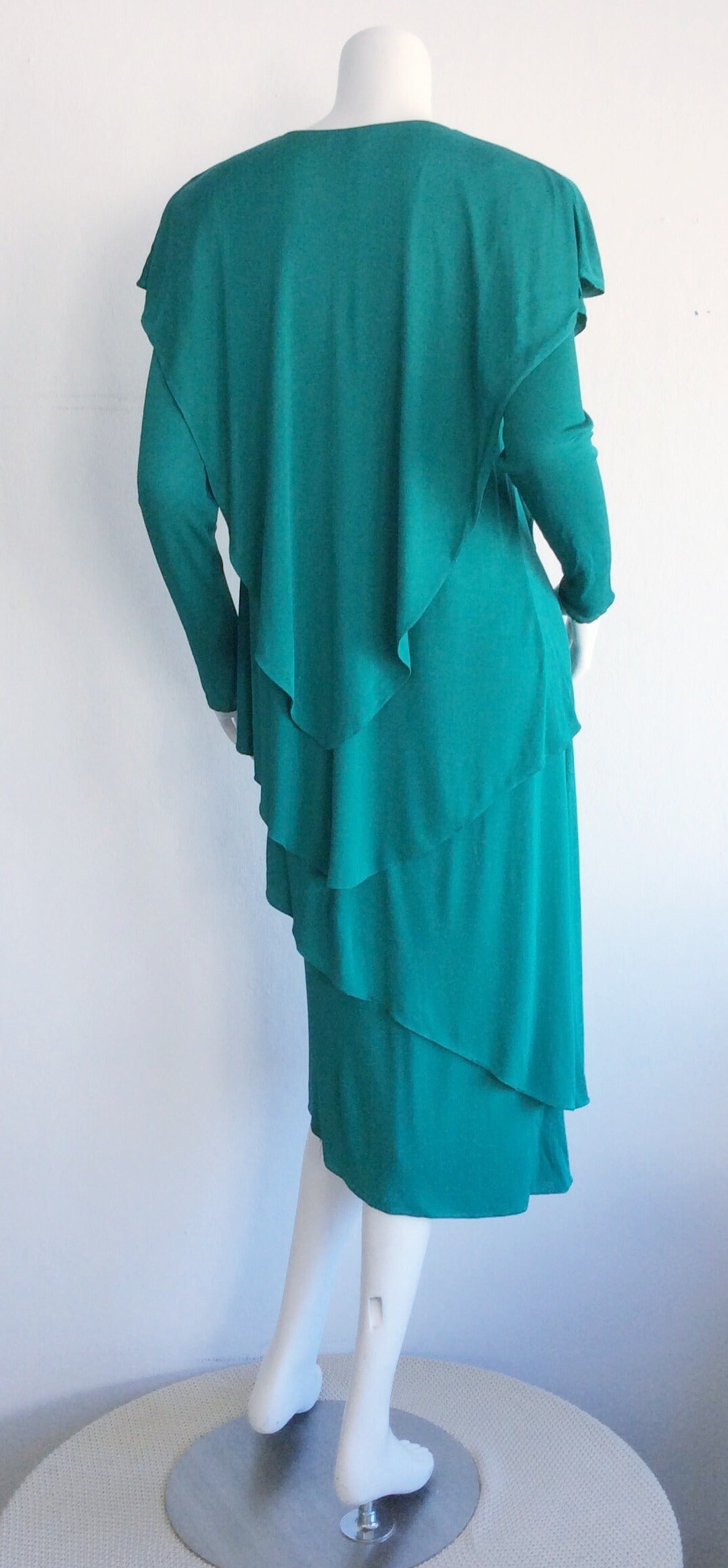 Blue Romantic Vintage Holly's Harp Boho Silk Jersey Dress / Kelly Green Cape Detail