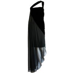 New Beautiful Vintage Bill Blass Asymmetrical Black Velvet & Chiffon Dress