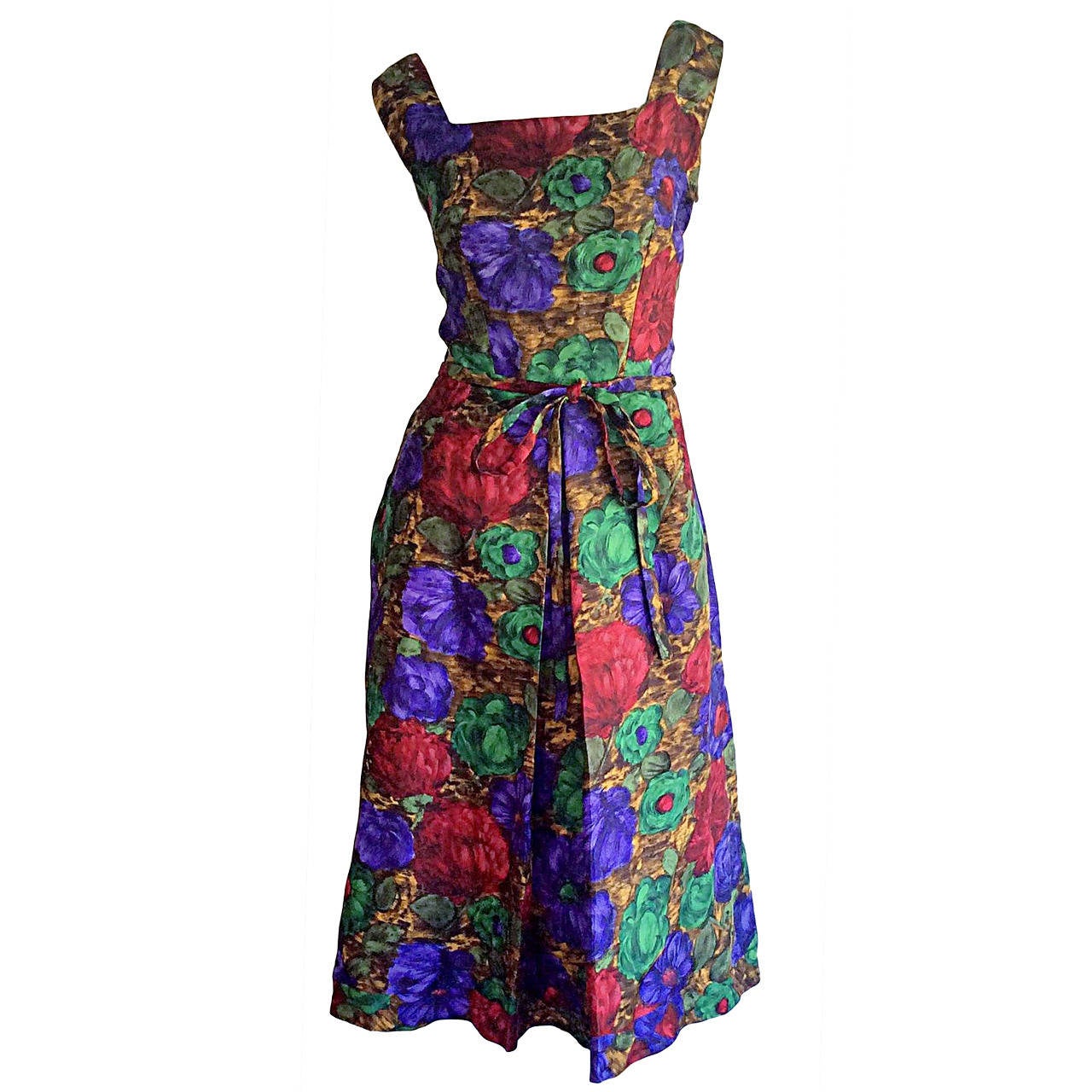 Stunning 1950s Adele Ross Silk Floral Watercolor Belted Dress For Sale