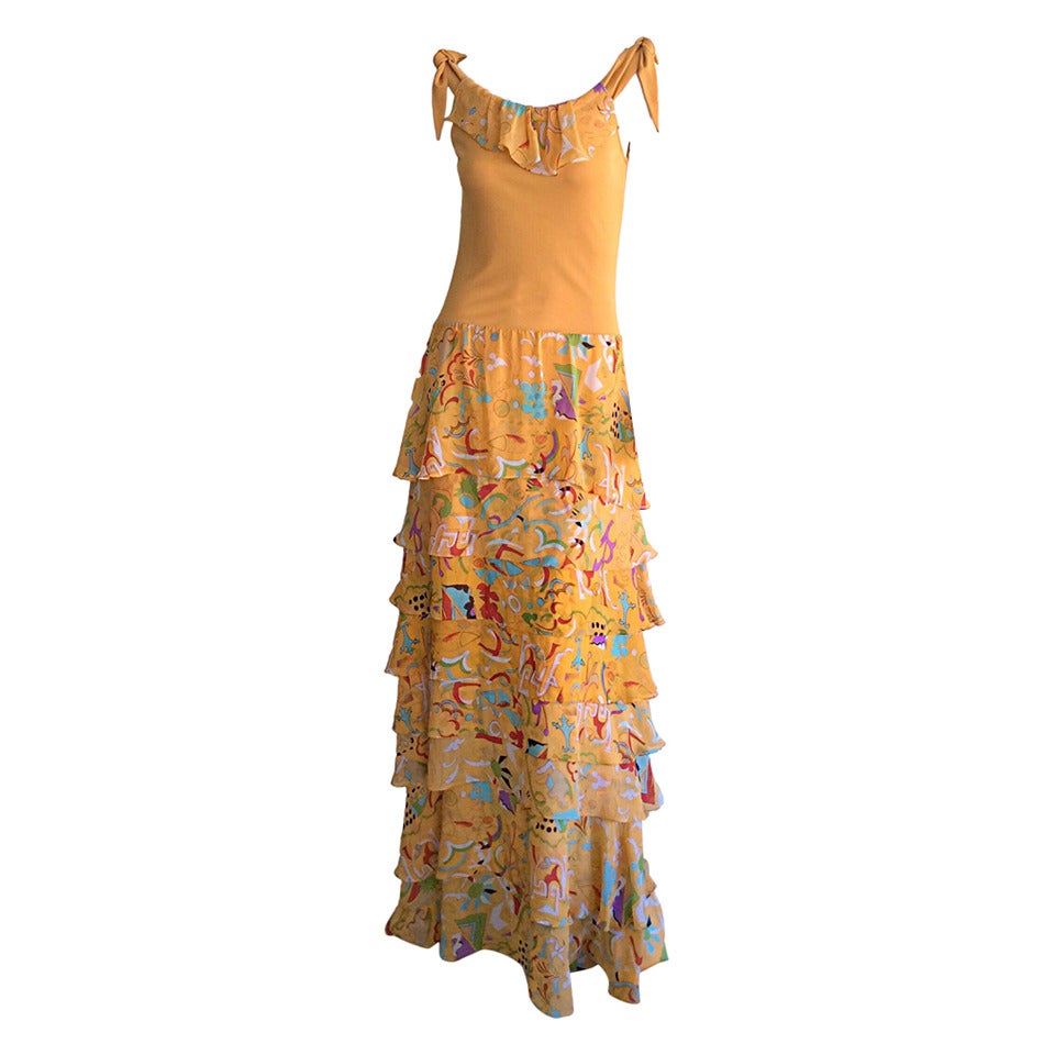 Incredible 1970s Stephen Burrows Jersey Maxi Dress Silk Tiered Skirt Brand New