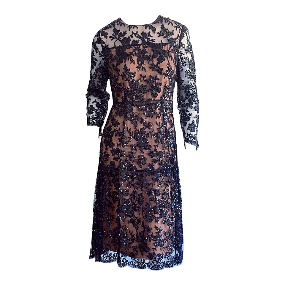 Exceptional 1960s 60s Black French Lace Nude Illusion Sequin Babydoll Dress For Sale