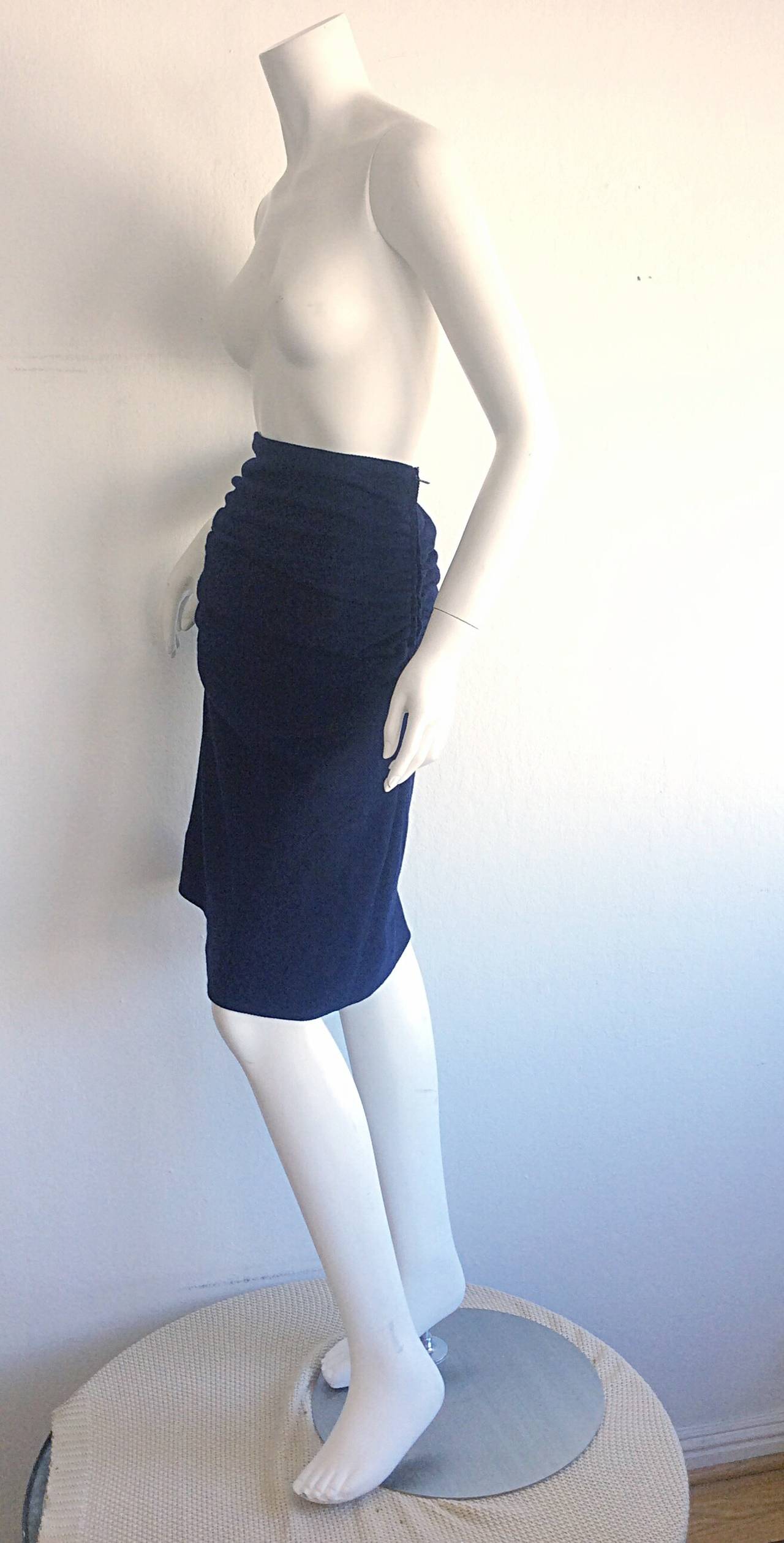 Purple 1990s Vintage Karl Lagerfeld Navy Blue Sexy Ruched Wool High Waisted Skirt For Sale