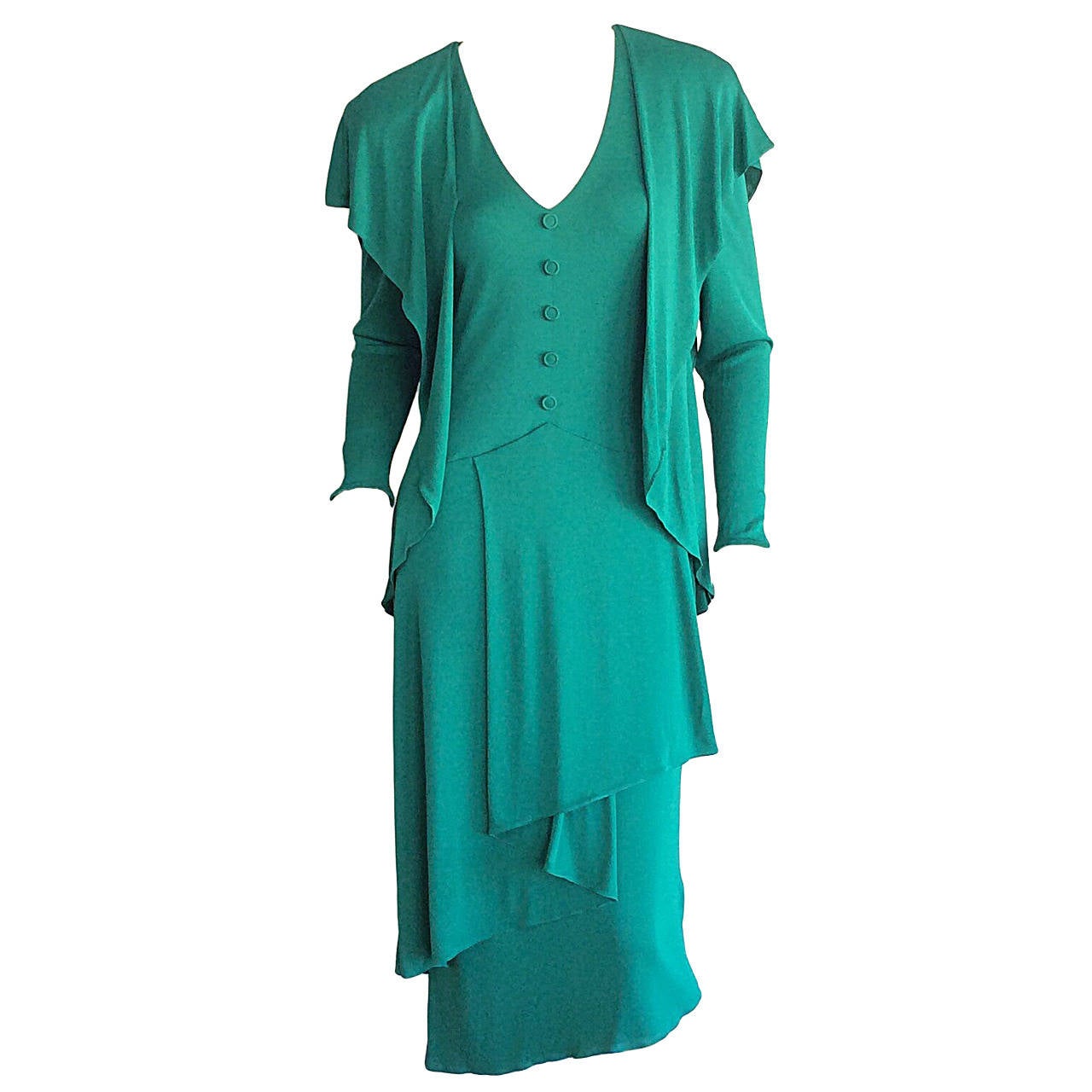 Romantic Vintage Holly's Harp Boho Silk Jersey Dress / Kelly Green Cape Detail
