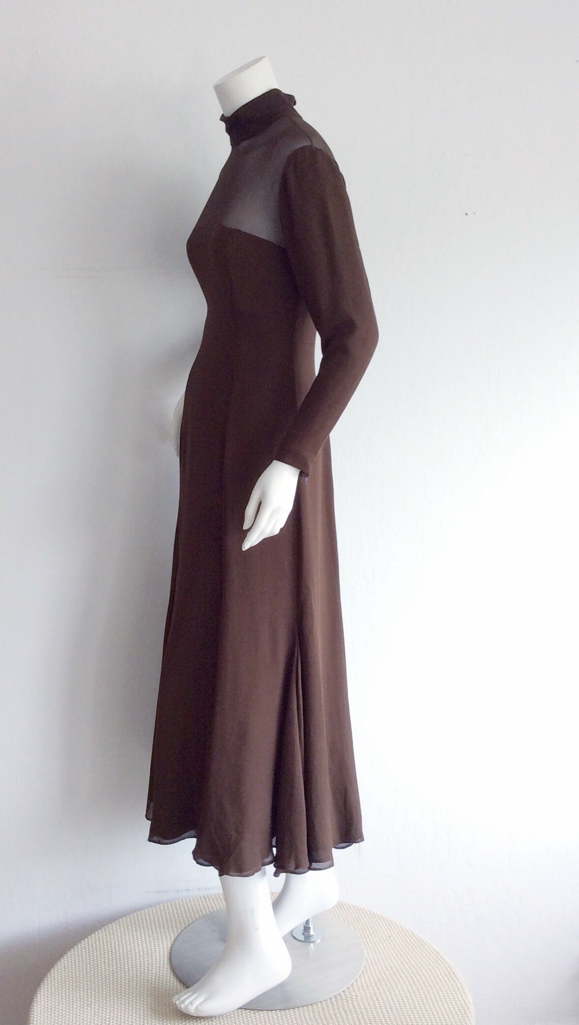 Beautiful Nolan Miller Couture Vintage Chocolate Brown Chiffon Flowy Dress In Excellent Condition In San Diego, CA