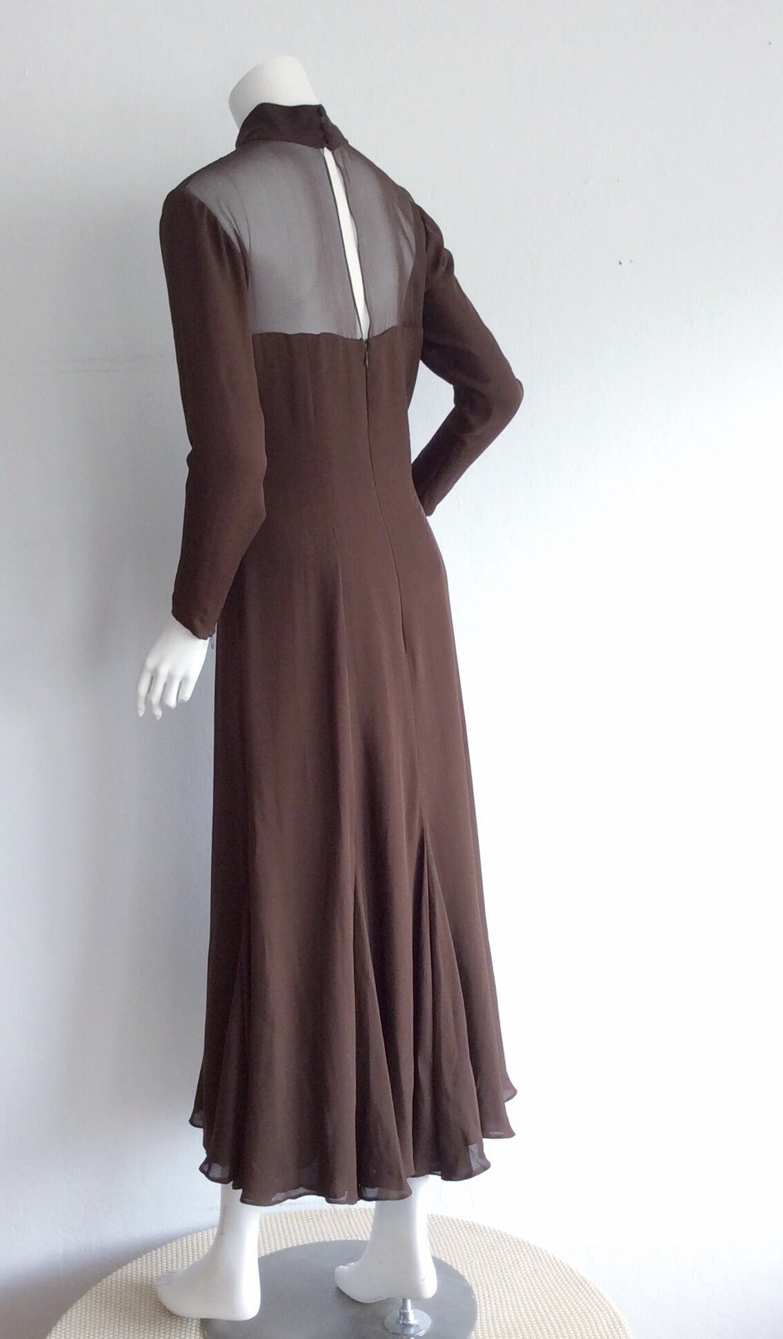Women's Beautiful Nolan Miller Couture Vintage Chocolate Brown Chiffon Flowy Dress