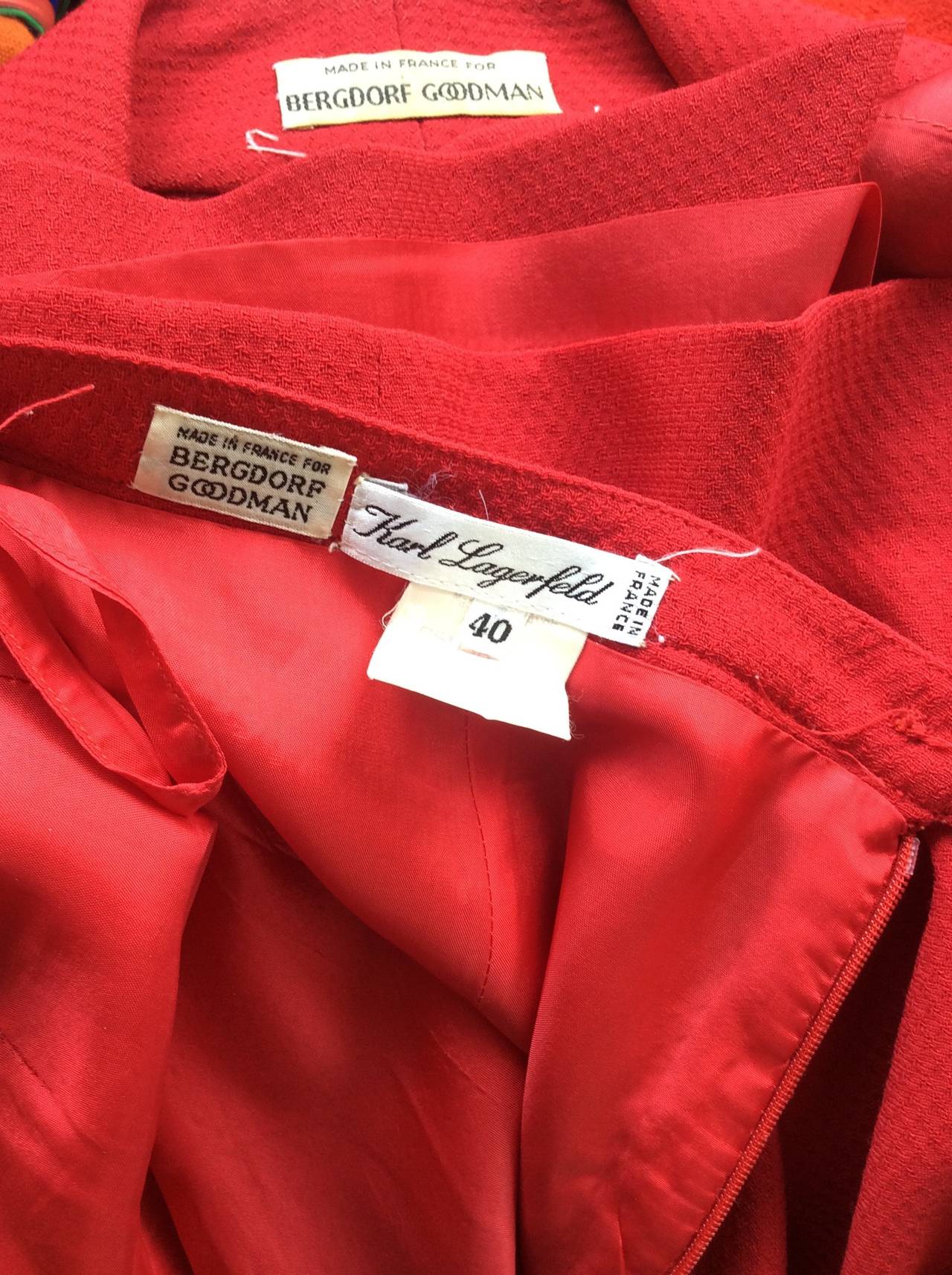 Gorgeous 1990s Vintage Karl Lagerfeld Bright Red Double Breasted Skirt Suit In Excellent Condition For Sale In San Diego, CA