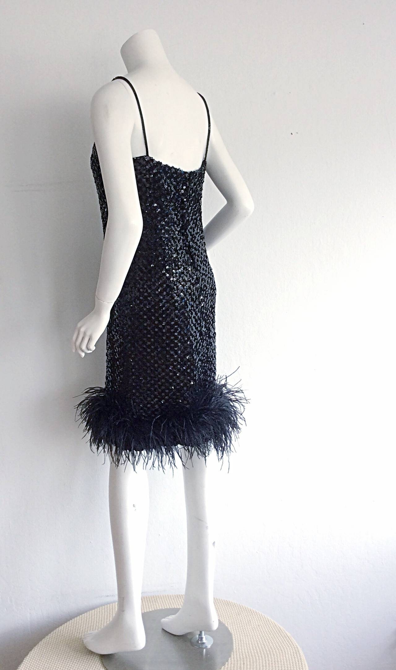 Women's Beautiful 1960s I. Magnin Black Sequin Ostrich Feather 60s Mod Shift Dress LBD For Sale