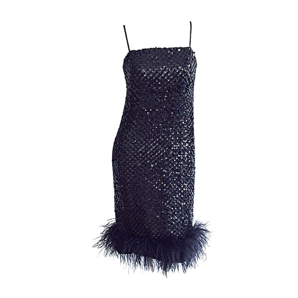Beautiful 1960s I. Magnin Black Sequin Ostrich Feather 60s Mod Shift Dress LBD For Sale