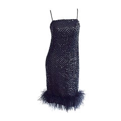 Beautiful 1960s I. Magnin Black Sequin Ostrich Feather 60s Mod Shift Dress LBD