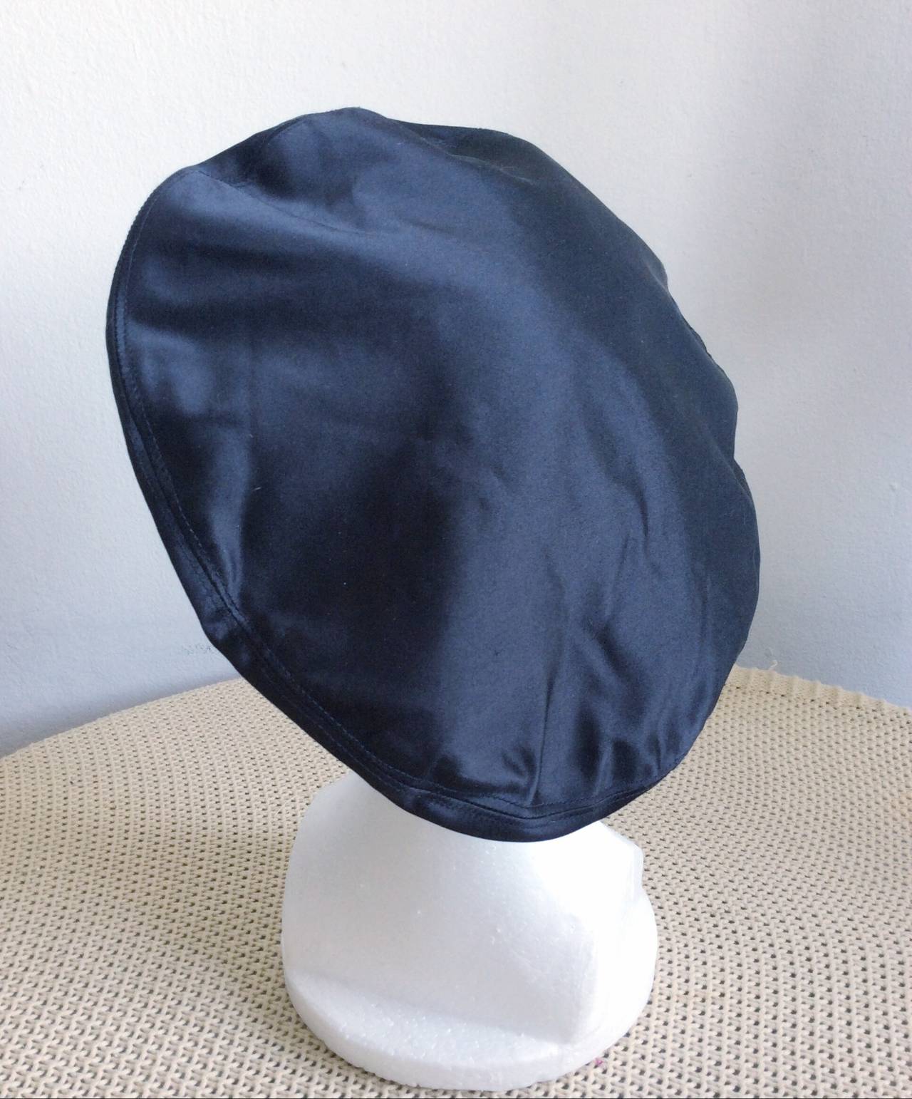 Vintage Chanel Black Silk Satin French Beret Hat In Excellent Condition In San Diego, CA