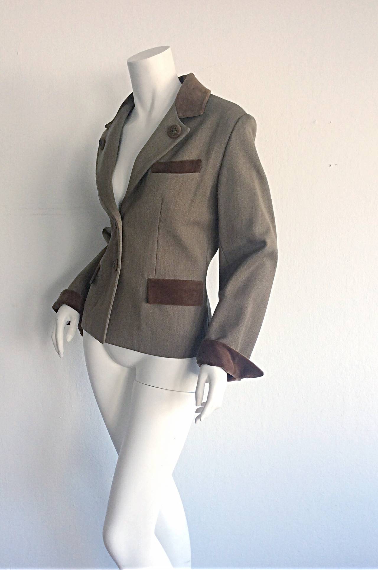 Incredible vintage Hermes Equestrian riding jacket! Luxurious fine wool, with velvet accents at pockets, cuffs, and lapel. Iconic signature buttons. Looks great with jeans, or perfect with a pencil skirt, or trousers.  Fully lined. In great