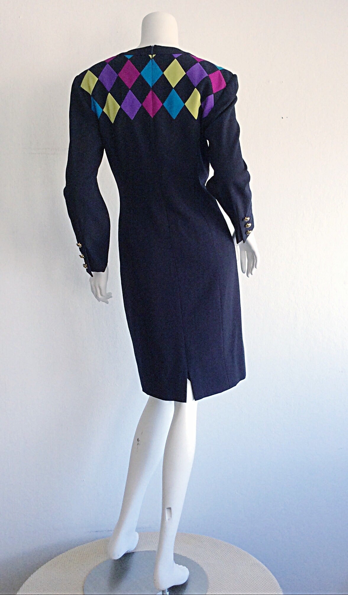 Black Vintage Louis Feraud Size 4 / 6 Harlequin Geometric Midnight Navy Blue Dress For Sale