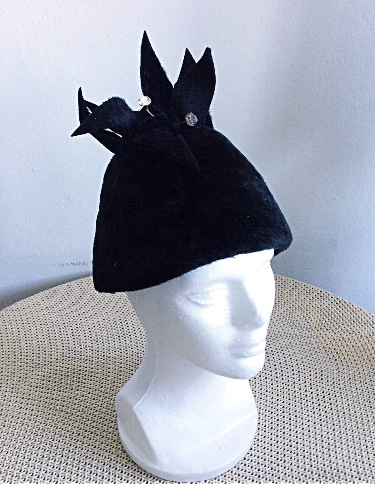 Black Incredible 1960s Vintage Antenna Fur Rhinestone Hat For Sale
