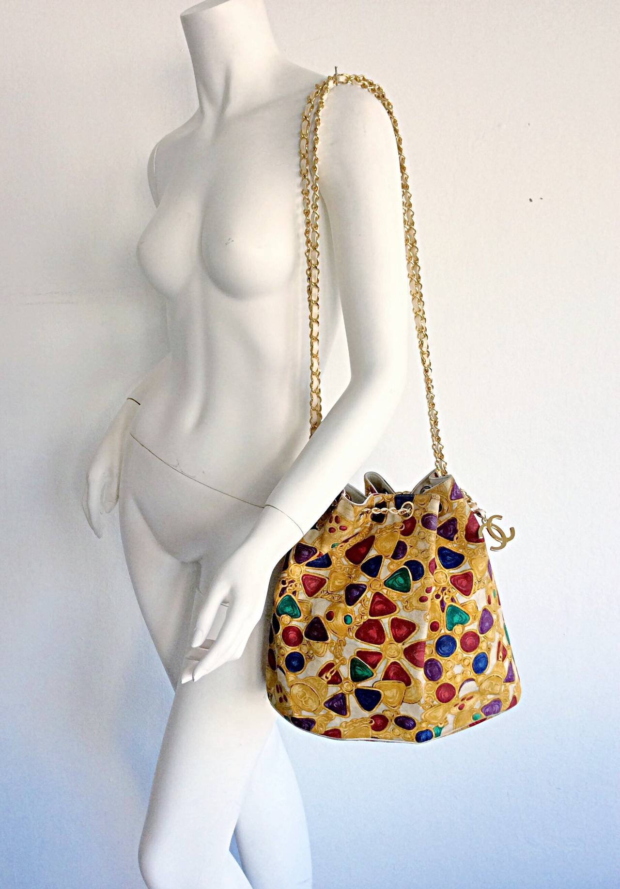 Wonderful 1990s 90s Rare Vintage Chanel Gripoix Bucket Bag Chain Logo Purse In Excellent Condition In San Diego, CA