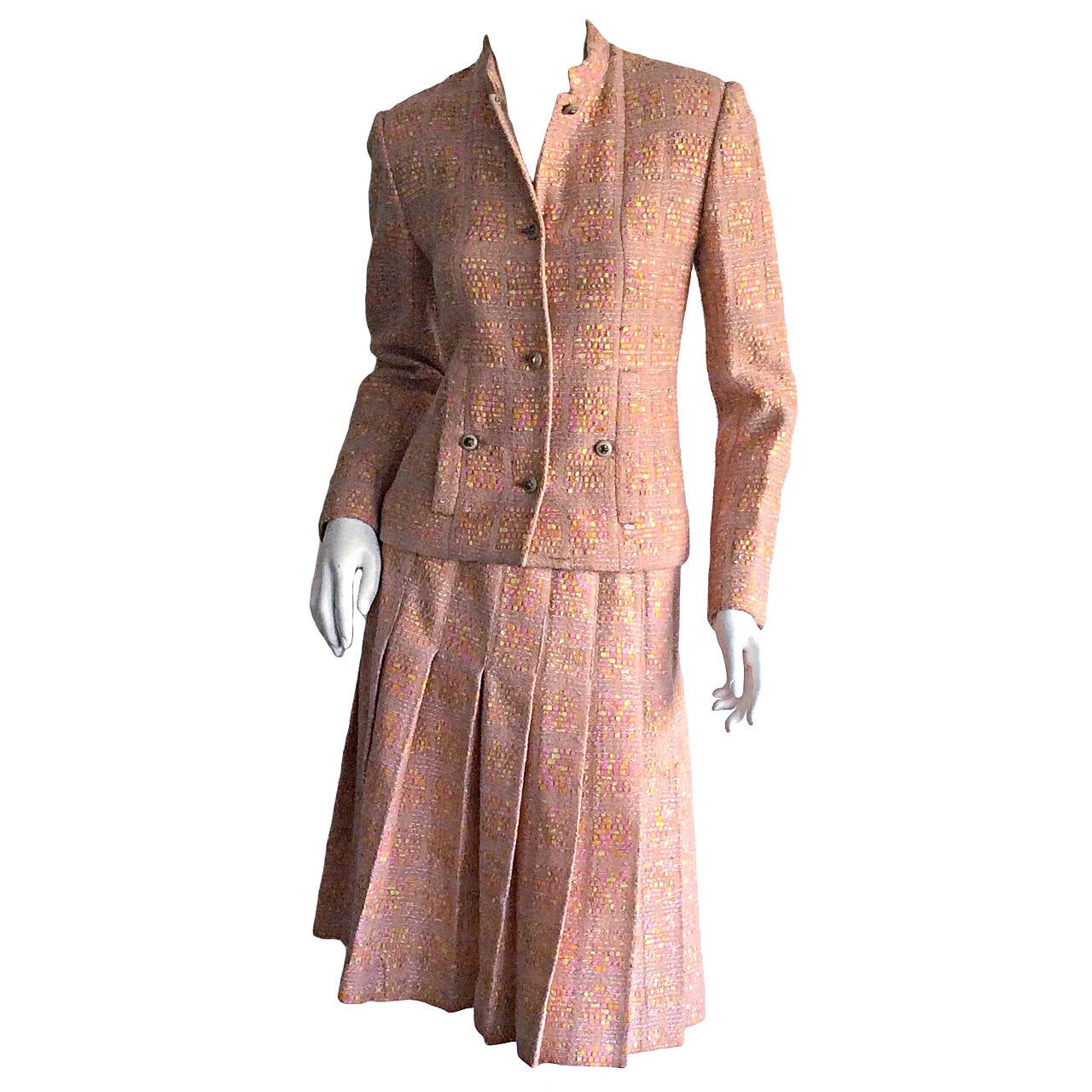 Vintage Chanel Ivory x Beige Tweed Skirt Suit FR38 80s - Mrs