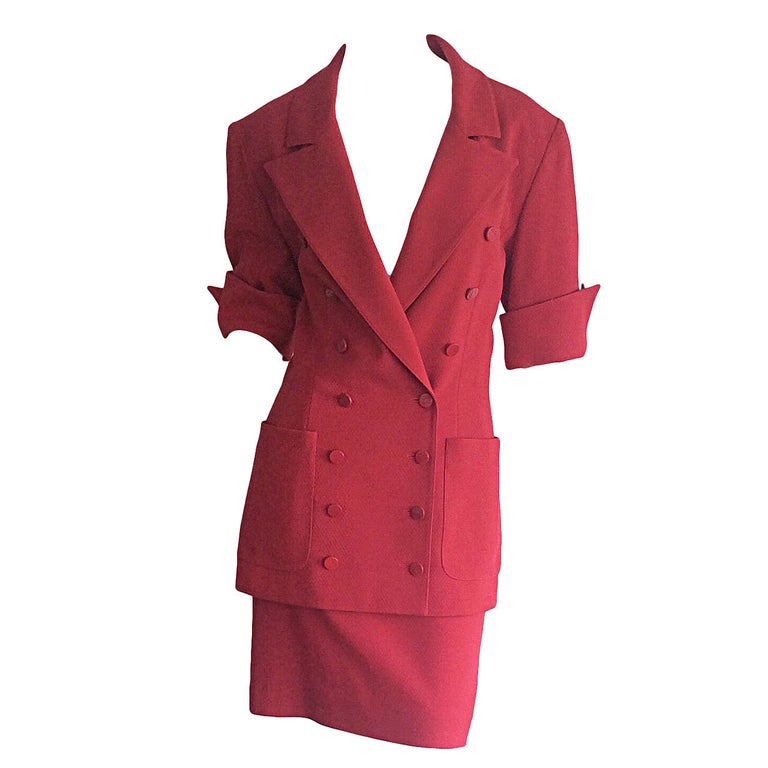 Gorgeous 1990s Vintage Karl Lagerfeld Bright Red Double Breasted Skirt Suit For Sale