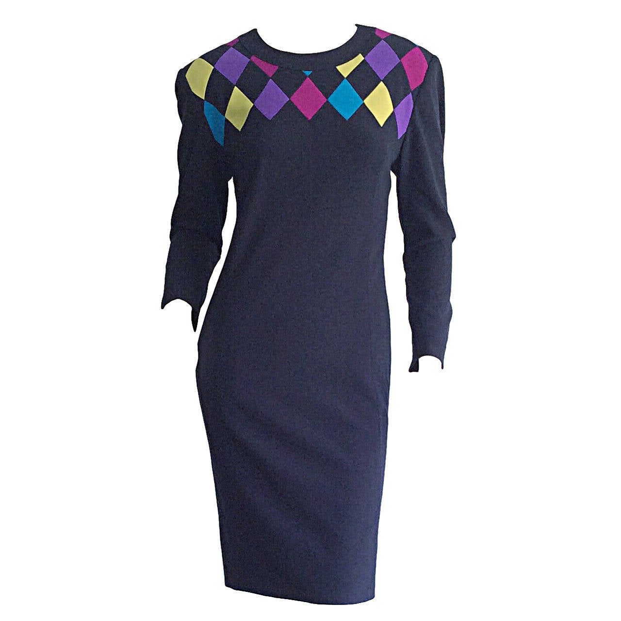 Vintage Louis Feraud Size 4 / 6 Harlequin Geometric Midnight Navy Blue Dress For Sale