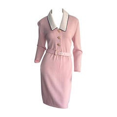 Vintage St. John Marie Gray Pink Santana Knit Belted Dress w/ Removable Collar 3