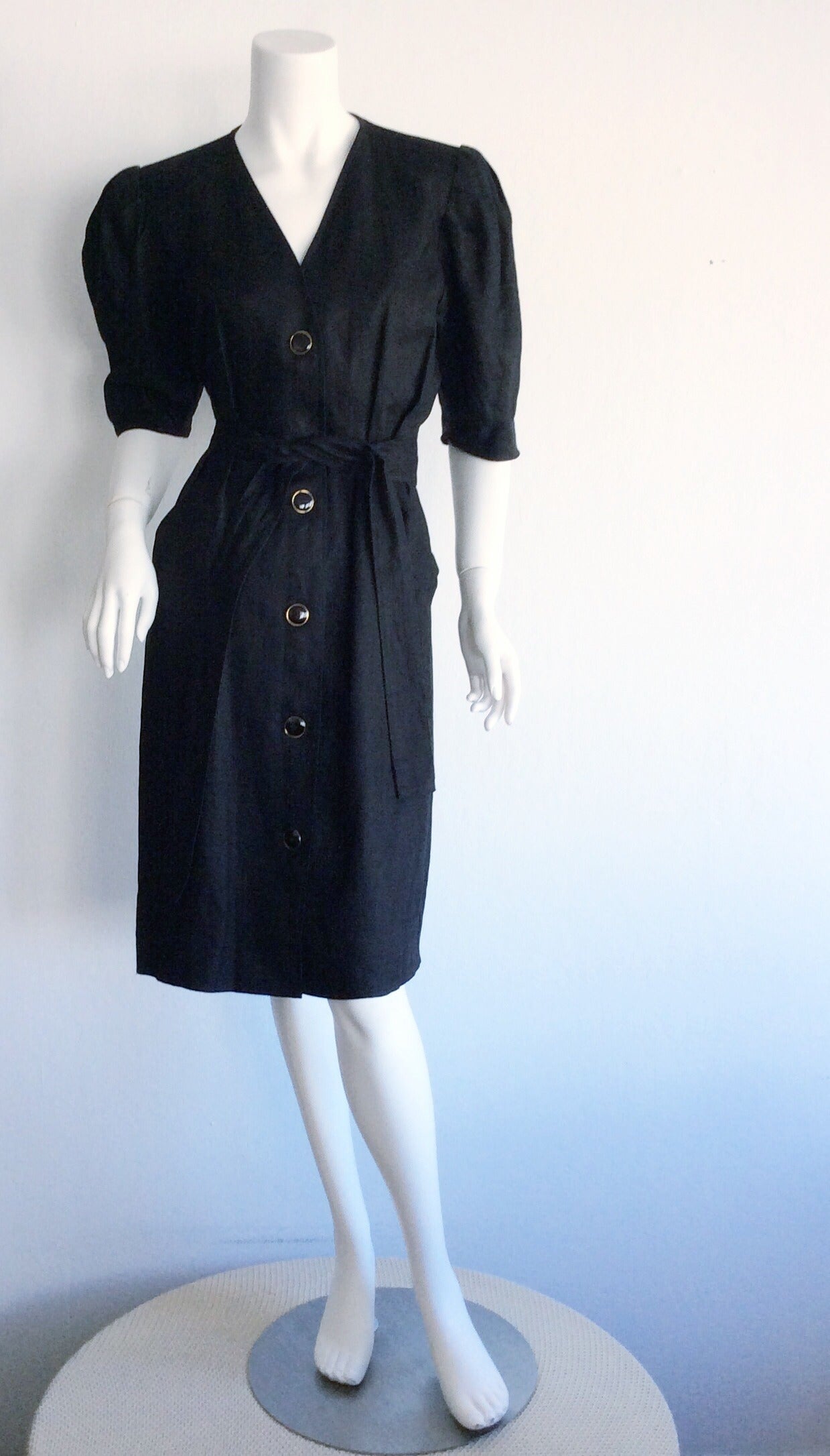 Vintage Yves Saint Laurent ' Rive Gauche ' Short Sleeve Belted Black Linen Dress For Sale 1