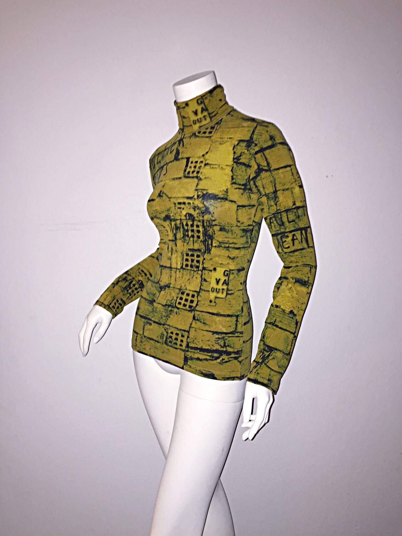 Rare 1990s Vintage Jean Paul Gaultier Graffiti Brick Print Scribble Blouse Shirt 1