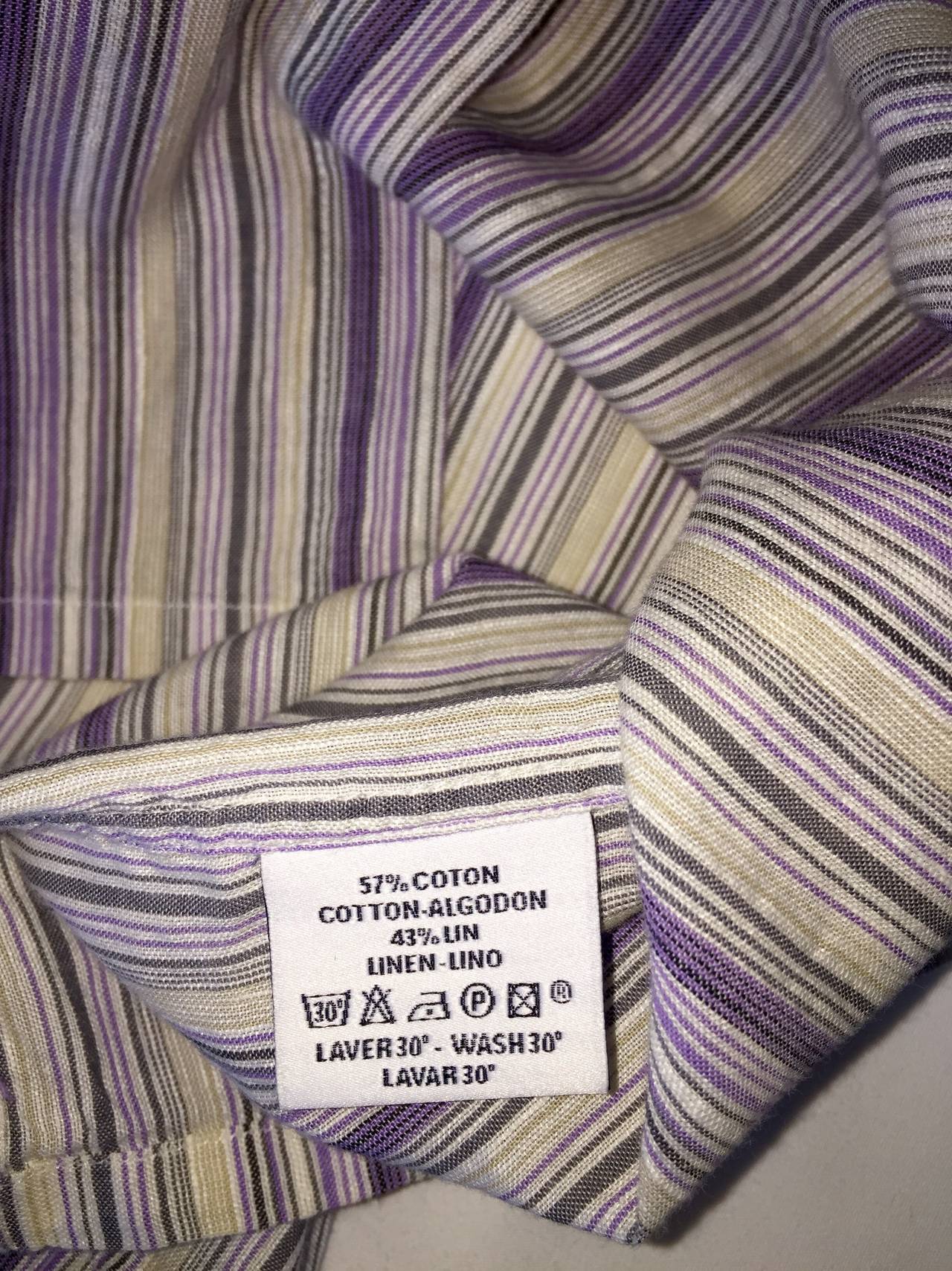 Vintage Hermes Men's Cotton + Linen Striped Shirt Size 39 / 15.5 Small / Medium In Excellent Condition In San Diego, CA