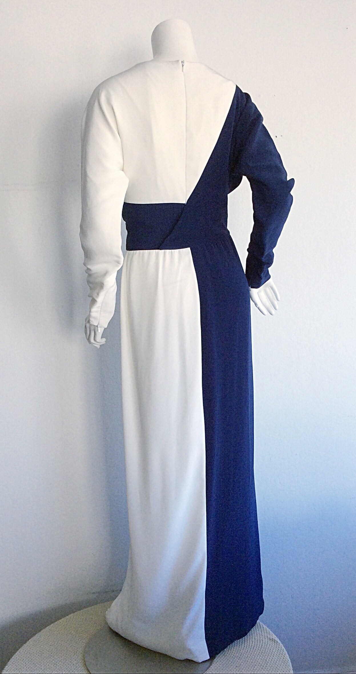 Vintage Bob Mackie Navy Blue + White Color Blocked Avant Garde Dress In Excellent Condition In San Diego, CA