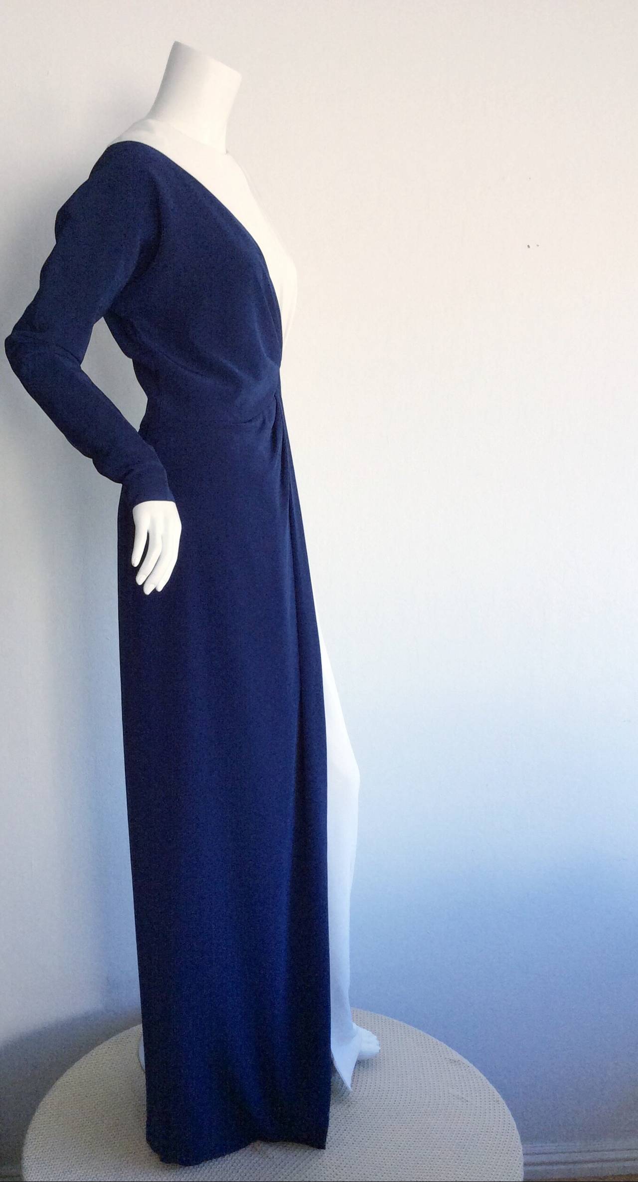 Women's Vintage Bob Mackie Navy Blue + White Color Blocked Avant Garde Dress