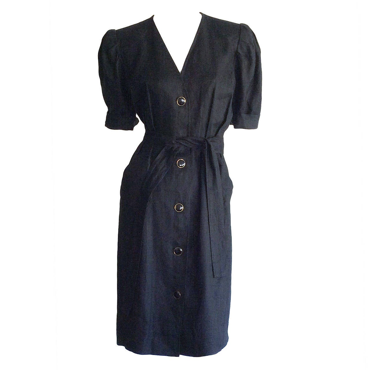 Vintage Yves Saint Laurent ' Rive Gauche ' Short Sleeve Belted Black Linen Dress For Sale