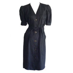 Vintage Yves Saint Laurent ' Rive Gauche ' Short Sleeve Belted Black Linen Dress