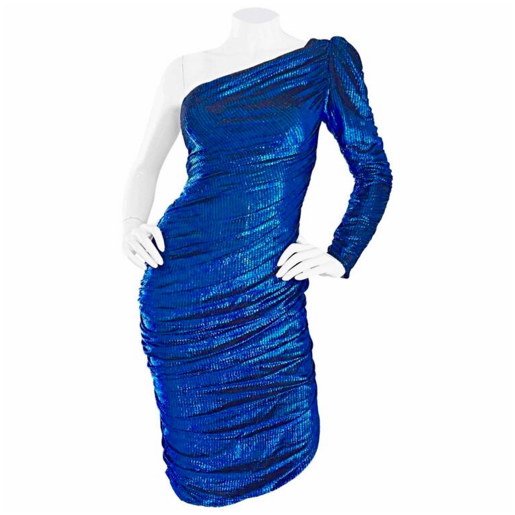 Samir 1970s Electric Metallic Blue One Shoulder Sexy Vintage 70s Disco Dress